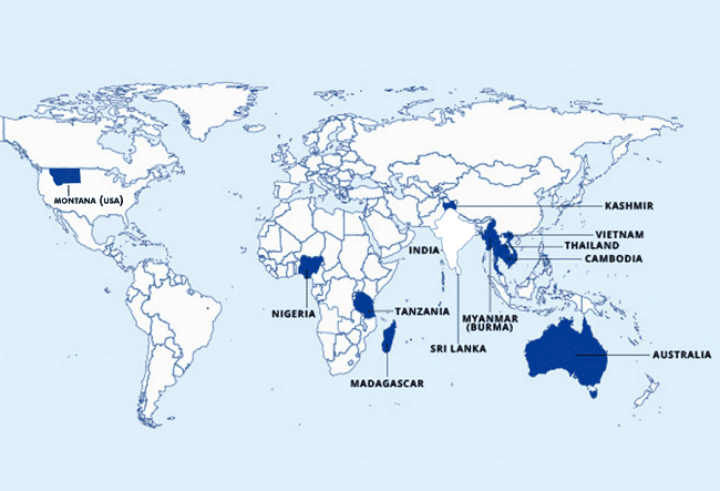 Map showing the origin of sapphires and their mining locations